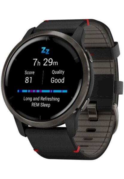 Garmin - 010-02430-21 - montre de fitness Venu®2 noir avec bracelet en cuir et bracelet supplémentaire en silicone French Gray